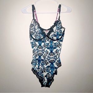 Cosmopolitan Blue and Black Lace Lingerie Teddie Bodysuit